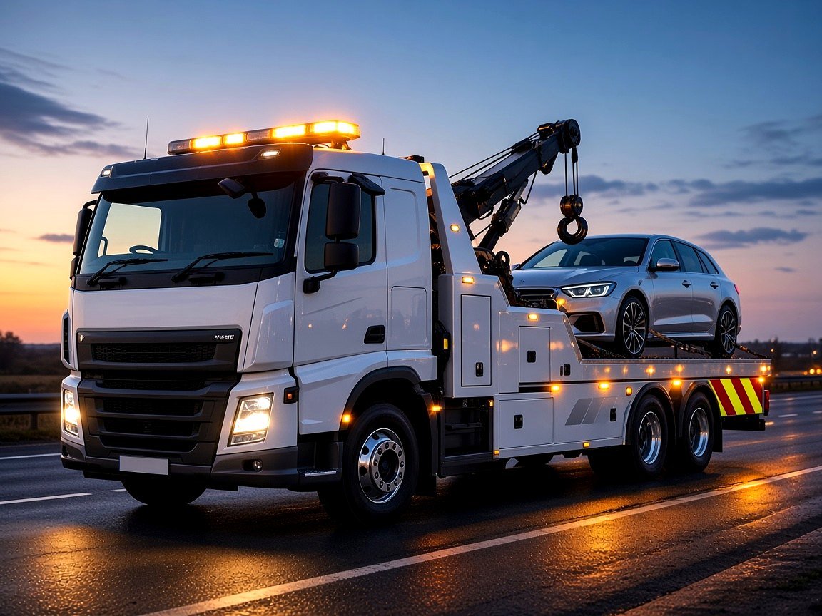 White recovery truck with amber lights collecting a car at dusk