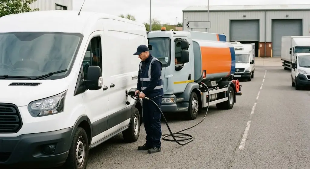 Emergency fuel delivery for commercial fleet vehicles with a technician refuelling a company van at a business depot.