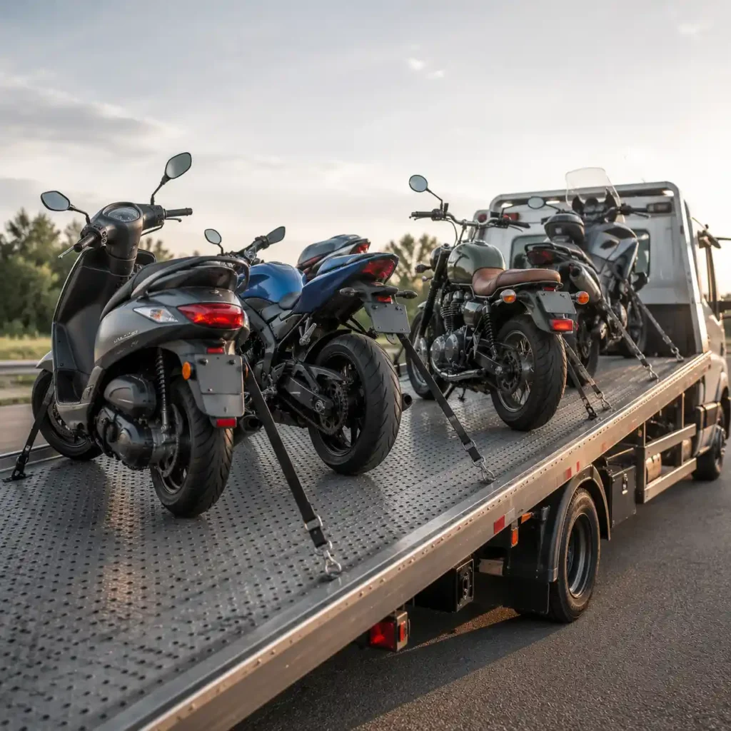 "Multiple motorcycles and a scooter loaded and strapped onto a flatbed tow truck