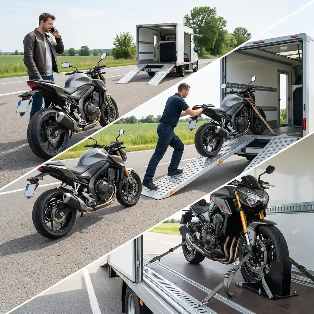 Four-step motorbike recovery process: rider calling for help, waiting bike, technician wheeling it up the ramp, and bike secured inside the transport van