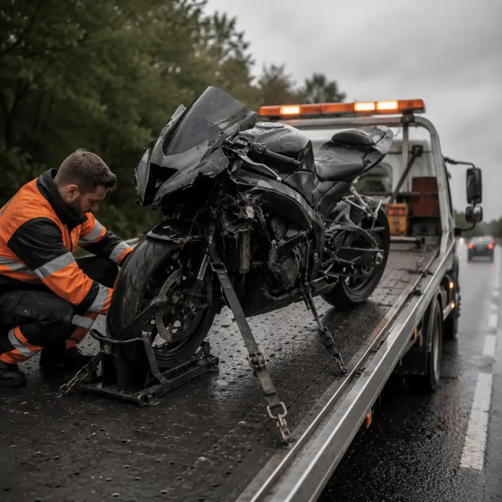 Recovery worker chaining a crash-damaged motorcycle onto a flatbed tow truck in the rain