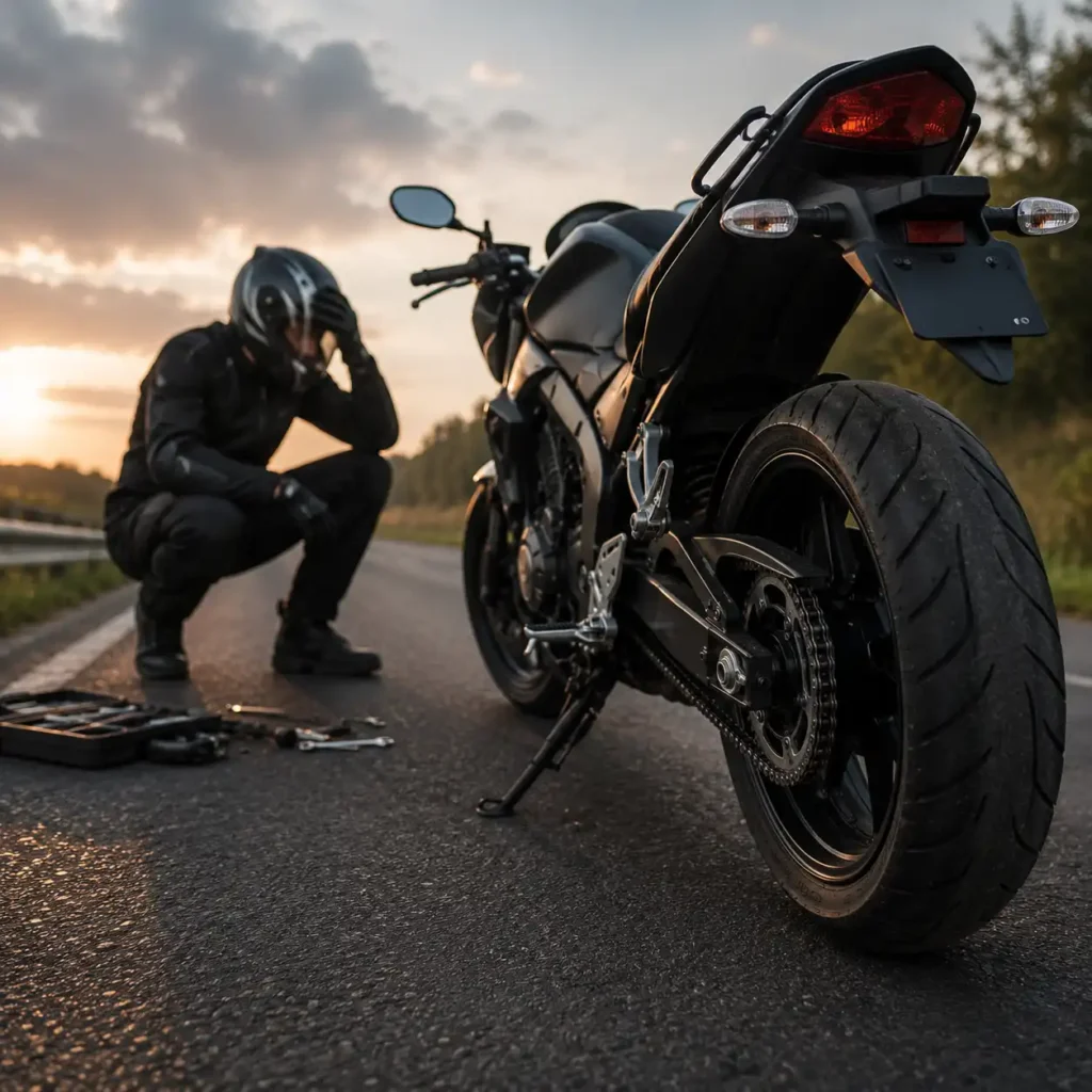 Frustrated motorcyclist crouched on roadside beside broken-down motorbike with tools laid out