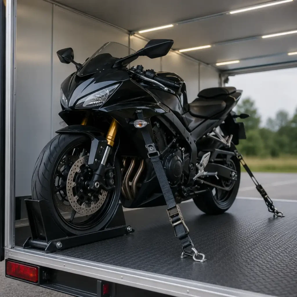 Black motorcycle secured with tie-down straps and a wheel chock inside an enclosed transport trailer
