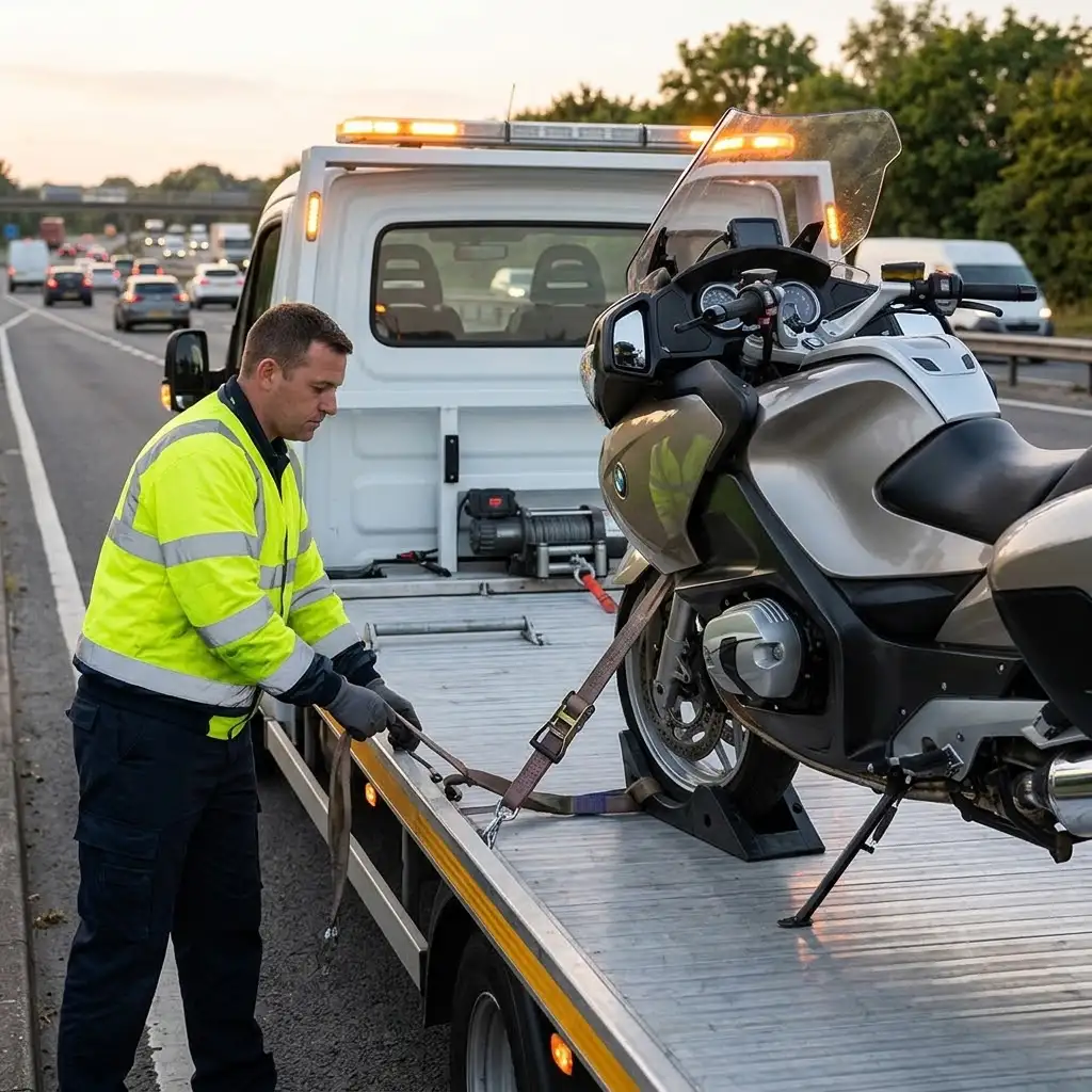 Recovery worker in hi-vis jacket strapping down a motorbike on a flatbed tow truck beside a busy motorway