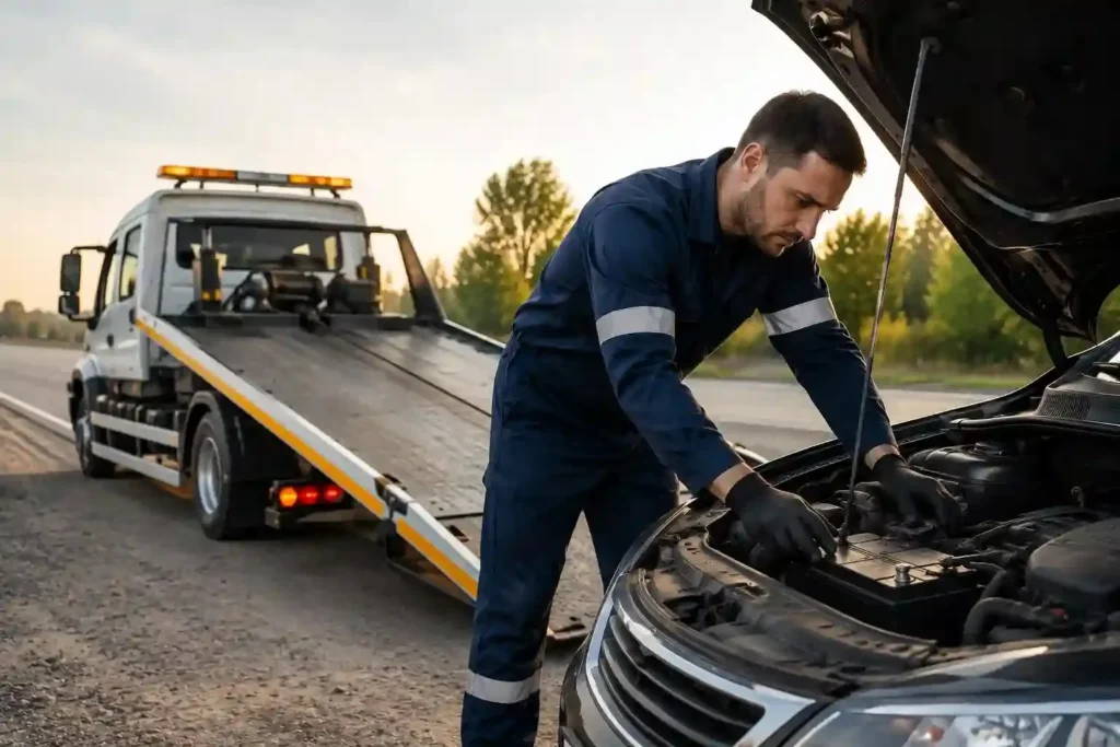 Roadside mechanic checking a flat car battery beside a tow recovery truck