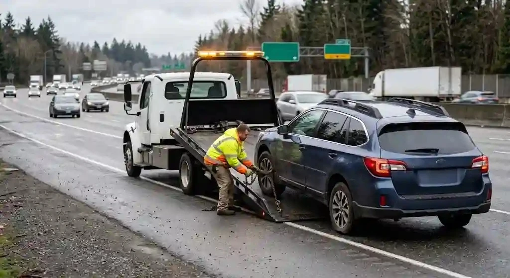 A tow truck operator securing a blue SUV onto the tilted bed of a flatbed recovery truck on a rainy highway shoulder.