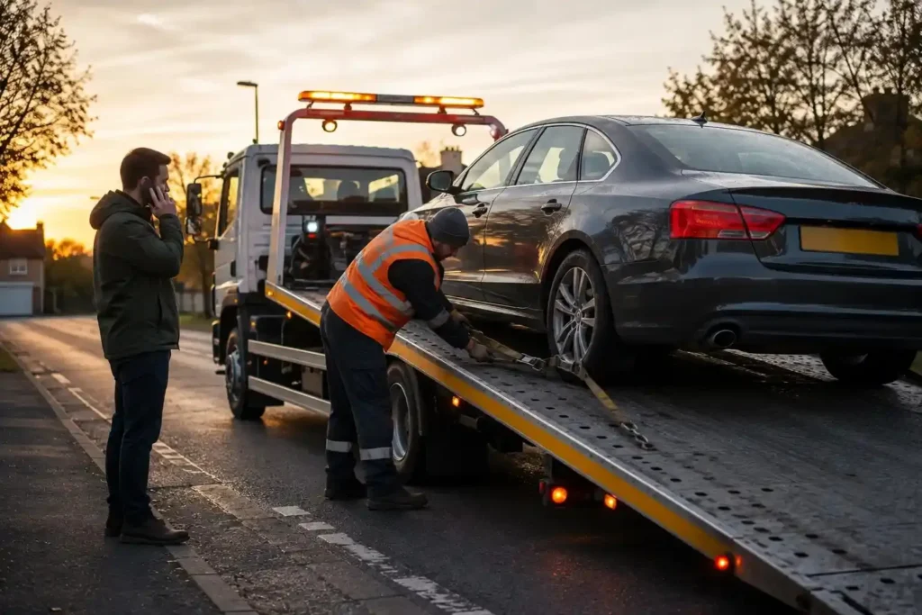 Tow truck operator safely securing a car during roadside vehicle recovery