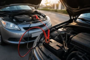 Two cars with open bonnets connected by red and black jumper cables to jump start a car