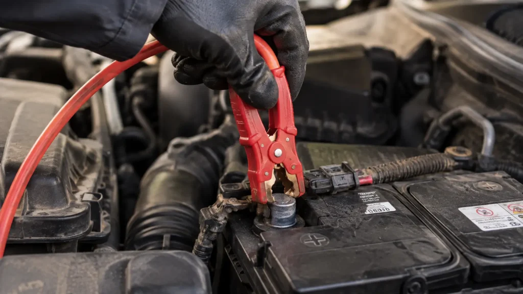 Gloved hand connecting a red jumper lead to a car battery positive terminal