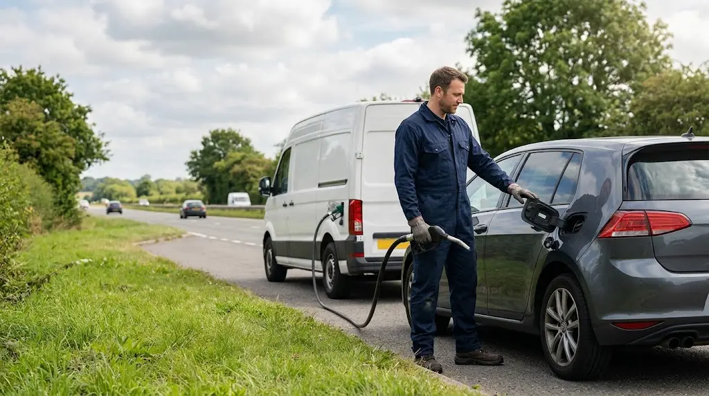 Technician in blue overalls dispensing fuel directly into a car from a mobile recovery van parked on the roadside.