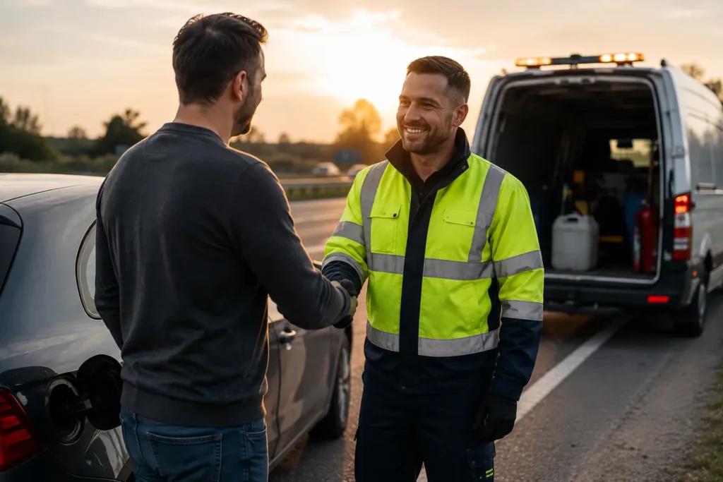 Roadside assistance technician in a high-visibility jacket shaking hands with a relieved driver after completing an emergency fuel delivery on the roadside.