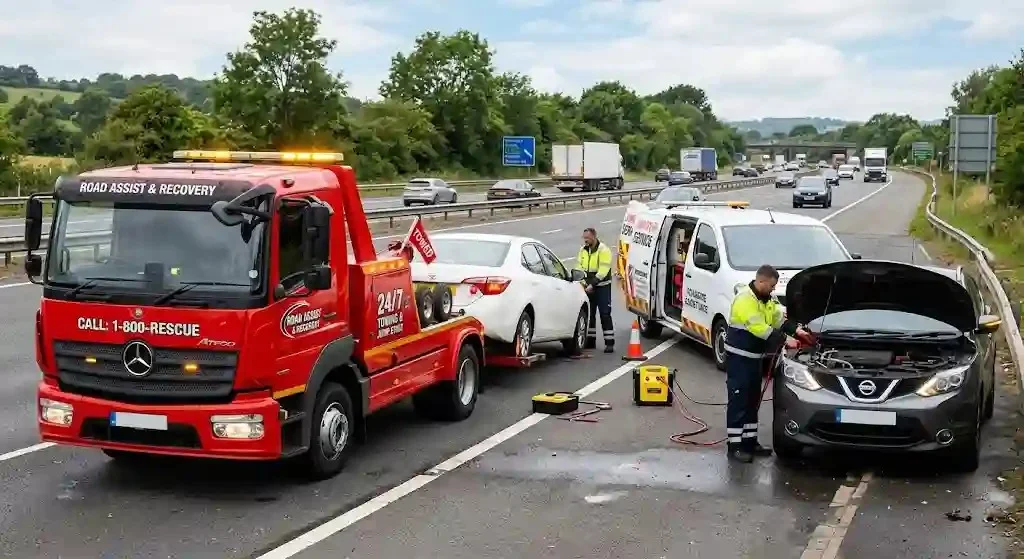 A bright yellow towing and roadside assistance truck with its lights flashing, positioned to help a family with their disabled sedan on the side of a highway, as another technician connects jumper cables to the car's battery.