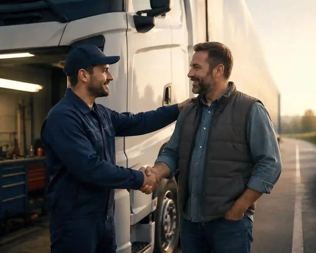 Tow service professional helping a truck driver beside a large vehicle during roadside assistance