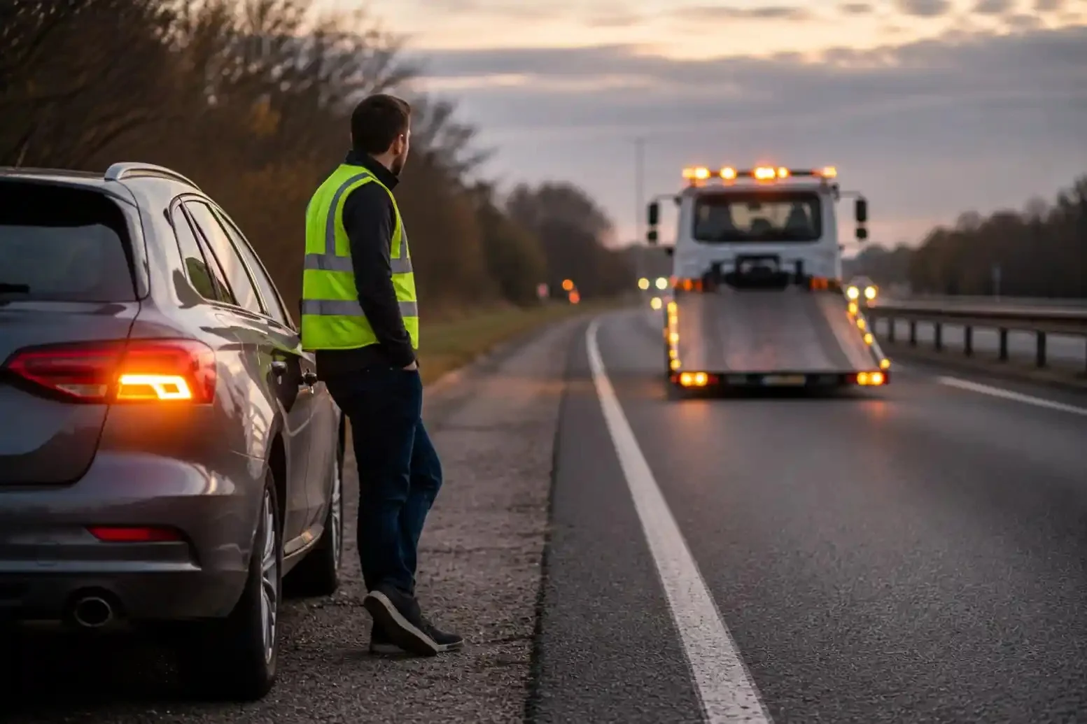 Driver safely waiting beside a broken-down car for a tow truck on the roadside