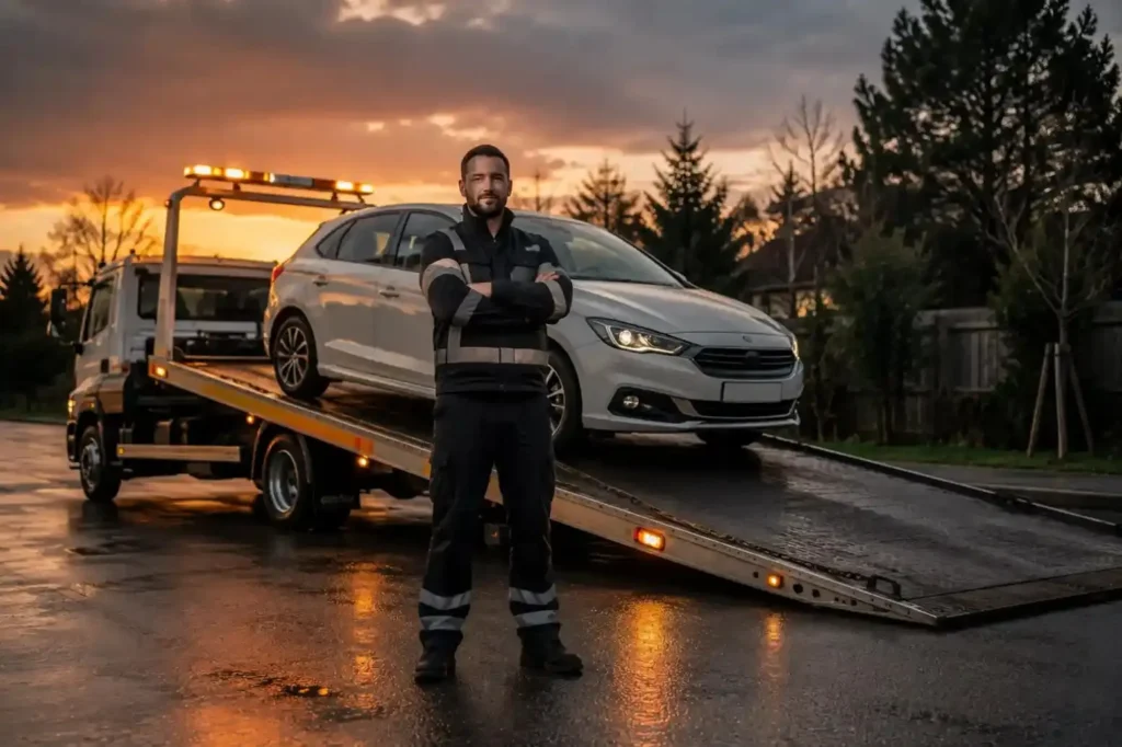 Professional towing driver standing beside a recovery truck carrying a car